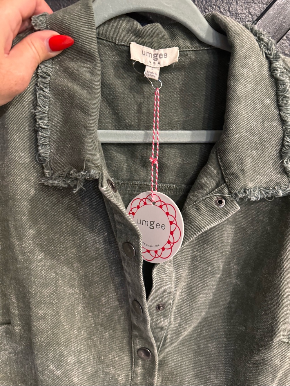 Umgee Olive Green Frayed Collar Utility Jumpsuit - Picture 6 of 7